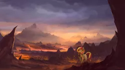 Size: 1920x1080 | Tagged: safe, artist:shamanguli, derpibooru import, sunset shimmer, pony, unicorn, lava, mountain, scenery, scenery porn, solo, wallpaper