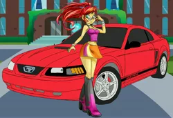 Size: 5700x3900 | Tagged: safe, artist:amante56, artist:evilash3051, artist:ponut_joe, derpibooru import, sunset shimmer, equestria girls, absurd resolution, alternate hairstyle, belly button, boots, car, choker, clothes, crystal heart, crystal prep academy, ford, ford mustang, glasses, hairband, high heel boots, high heels, legs, midriff, miniskirt, ponytail, skirt, solo, stairs, tanktop, wide hips