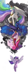 Size: 600x1541 | Tagged: safe, artist:hairyfood, derpibooru import, princess cadance, princess celestia, princess flurry heart, princess luna, twilight sparkle, twilight sparkle (alicorn), alicorn, pony, alicorn pentarchy, alicorn tetrarchy, eyes closed, flying, mother and daughter, simple background, spread wings, white background