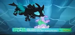 Size: 854x403 | Tagged: changeling, derpibooru import, discovery family logo, dragon, duo, mouth hold, safe, screencap, spike, the times they are a changeling, thorax