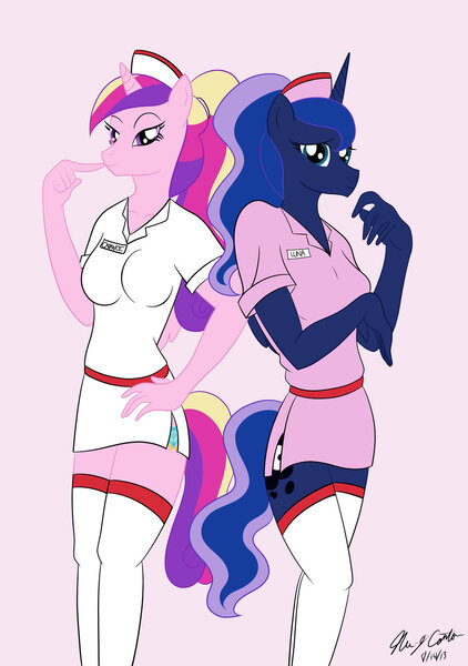 Size: 1024x1456 | Tagged: anthro, artist:sketchychangeling, clothes, costume, derpibooru import, nurse, princess cadance, princess luna, safe, stockings