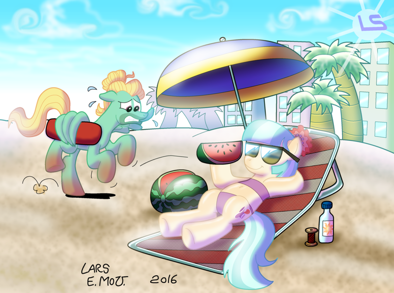 Size: 3046x2267 | Tagged: artist:lars99, beach, beach chair, bikini, burning, city, clothes, coco pommel, derpibooru import, duo, food, hot, purple underwear, relaxing, signature, spool, suggestive, summer, sunglasses, suntan lotion, swimsuit, umbrella, underwear, watermelon, wing hands, zephyr breeze