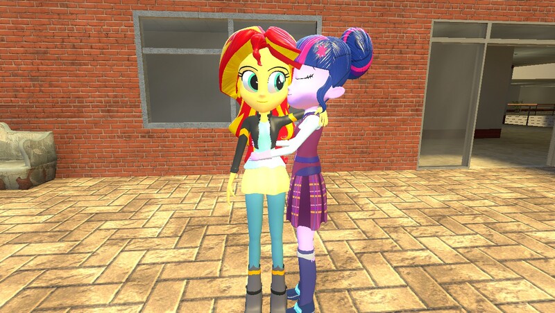 Size: 1360x768 | Tagged: safe, artist:mk513, derpibooru import, sci-twi, sunset shimmer, twilight sparkle, equestria girls, 3d, female, gmod, kissing, lesbian, scitwishimmer, shipping, sunsetsparkle