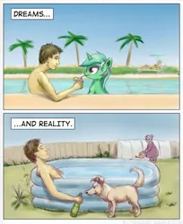 Size: 800x982 | Tagged: alcohol, artist:el-yeguero, beer, cocktail, derpibooru import, dog, dream, human, kiddie pool, lyra heartstrings, reality ensues, reality sucks, safe, sleeping, swimming pool