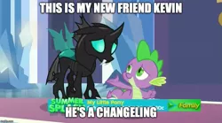 Size: 899x500 | Tagged: caption, changeling, derpibooru import, edit, edited screencap, image macro, meme, safe, screencap, spike, the times they are a changeling, thorax