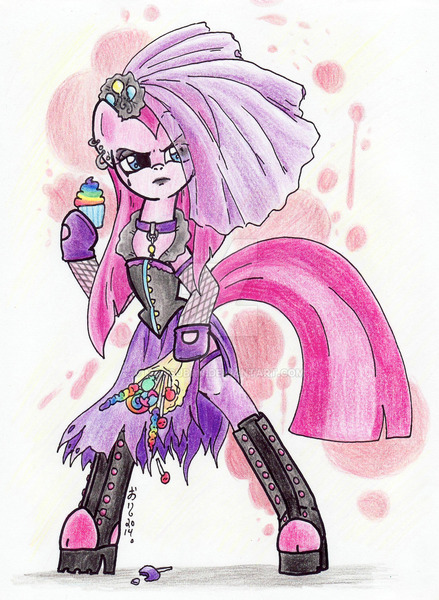 Size: 900x1231 | Tagged: artist:oriwhitedeer, derpibooru import, goth, pinkamena diane pie, pinkie pie, punk, punkamena, punkie pie, safe, semi-anthro, solo, traditional art, watermark