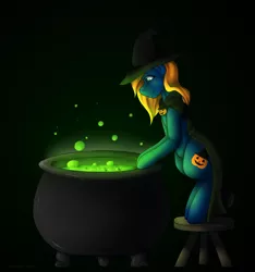 Size: 4463x4778 | Tagged: absurd resolution, artist:celestialoddity, brew, cauldron, cloak, clothes, derpibooru import, hat, jack-o-lantern, oc, oc:masquerade, safe, solo, unofficial characters only, witch, witch hat