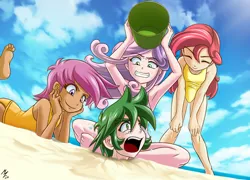 Size: 2222x1600 | Tagged: abuse, apple bloom, armpits, artist:mauroz, beach, bucket, bullying, clothes, cutie mark crusaders, derpibooru import, eyes closed, feet, human, humanized, ocean, one-piece swimsuit, open mouth, orange swimsuit, pink swimsuit, safe, sand, scootaloo, signature, sitting, spike, spikeabuse, summer, sweetie belle, swimsuit, yellow swimsuit