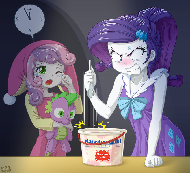 Size: 1200x1095 | Tagged: safe, artist:uotapo, derpibooru import, rarity, spike, sweetie belle, equestria girls, :o, angry, blushing, breasts, bucket, challenge, cleavage, clock, clothes, colored pupils, cute, diasweetes, doll, duo, female, food, frustration, glare, gritted teeth, hat, ice cream, nightcap, nightgown, one eye closed, open mouth, pajamas, plushie, ponytail, siblings, sisters, sleepy, spike plushie, spoon, toy, uotapo is trying to murder us, wide eyes, wink, yawn