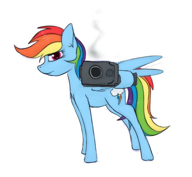 Size: 1876x1726 | Tagged: artist:marsminer, backwards cutie mark, derpibooru import, gun, gunsmoke, looking at you, rainbow dash, safe, simple background, solo, transparent background, weapon, wing hands