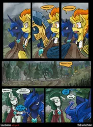 Size: 3000x4091 | Tagged: artist:dracojayproduct, cloak, clothes, comic, comic:lunar isolation, derpibooru import, oc, oc:pierson, oc:willow, princess luna, safe, spitfire