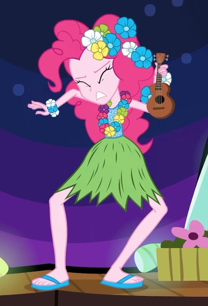 Size: 454x670 | Tagged: safe, derpibooru import, pinkie pie, equestria girls, shake your tail, clothes, feet, flip-flops, grass skirt, hula, hulapie, sandals, skirt, ukulele