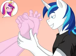 Size: 950x700 | Tagged: anonymous artist, anthro, barefoot, blushing, clothes, derpibooru import, feet, feet up, female, foot fetish, foot focus, foot massage, legs in air, lip bite, male, plantigrade anthro, princess cadance, shining armor, shiningcadance, shipping, smiling, soles, spread toes, straight, suggestive, tickling, toes, t-shirt