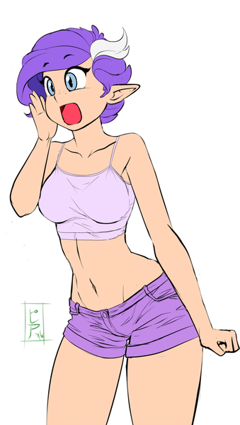 Size: 517x916 | Tagged: armpits, artist:pia-sama, belly button, clothes, derpibooru import, elf ears, human, humanized, humanized oc, kilalaverse, midriff, oc, oc:crystal clarity, offspring, parent:rarity, parent:spike, parents:sparity, safe, shorts, solo, tanktop, unofficial characters only