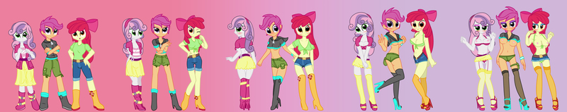 Size: 21300x4240 | Tagged: questionable, artist:pyruvate, derpibooru import, apple bloom, scootaloo, sweetie belle, equestria girls, absurd resolution, age progression, armpits, ass, bedroom eyes, belly button, bimbo, bimbo bloom, bimbo scootaloo, bimboification, blushing, breast expansion, breasts, busty apple bloom, busty cmc, busty scootaloo, busty sweetie belle, cleavage, clothes, cutie mark crusaders, female, front knot midriff, green underwear, growth, high heels, image, jpeg, midriff, nipples, nudity, older, one eye closed, open mouth, panties, peace sign, pink underwear, puberty hits hard, shelf bra, shirt, shirt lift, short skirt, simple background, skirt, slut progression, socks, stockings, sweetie bimbo, thigh highs, tongue out, transformation, transformation sequence, underass, underwear, wink