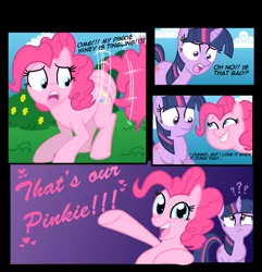 Size: 1376x1426 | Tagged: artist:thex-plotion, comic, derpibooru import, dialogue, heart, pinkie pie, pinkie sense, question mark, safe, twilight sparkle, twitchy tail