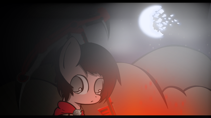 Size: 3000x1688 | Tagged: artist:darksoma, crescent rose, crossover, derpibooru import, embers, fire, moon, moonlight, mountain, ponified, ruby rose, rwby, rwby volume 4, safe, shading, shattered moon, solo