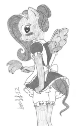 Size: 961x1550 | Tagged: anthro, artist:limpurtikles, bloomers, blushing, clothes, derpibooru import, dress, embarrassed, fluttershy, grayscale, maid, monochrome, skirt, skirt pull, suggestive, traditional art, upskirt