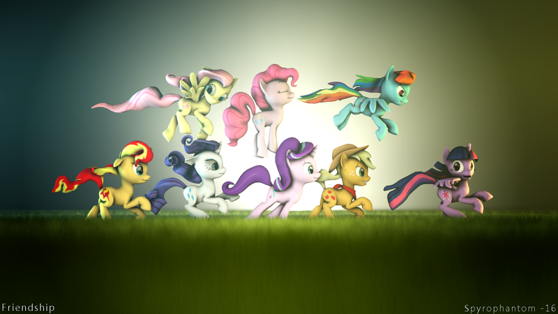 Size: 1920x1080 | Tagged: safe, artist:spyrophantom, derpibooru import, applejack, fluttershy, pinkie pie, rainbow dash, rarity, starlight glimmer, sunset shimmer, twilight sparkle, twilight sparkle (alicorn), alicorn, pony, 3d, alternate mane seven, field, flying, galloping, hopping, mane six, poster, signature, source filmmaker