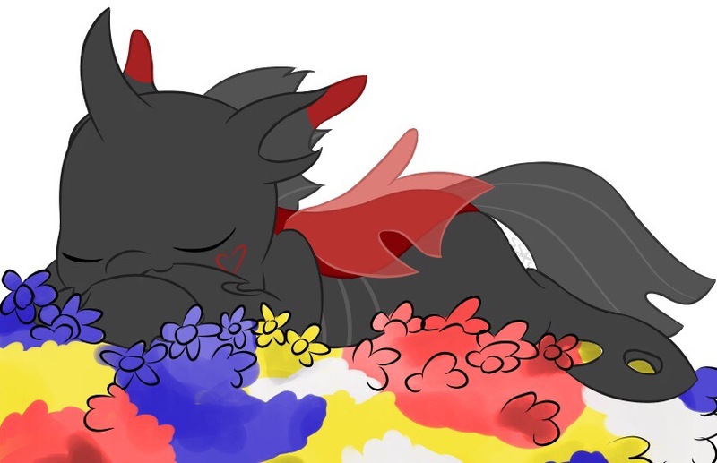 Size: 839x542 | Tagged: artist:sweetcheeks, changeling, cute, derpibooru import, flower, heart, oc, oc:rummy, red changeling, safe, sleeping, solo, unofficial characters only