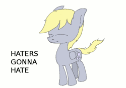 Size: 500x350 | Tagged: safe, artist:rndfax, derpibooru import, derpy hooves, pegasus, pony, animated, bouncing, cute, derpabetes, dumb running ponies, eyes closed, female, frame by frame, gif, haters gonna hate, image, mare, meme, prancing, running, smiling, solo, text