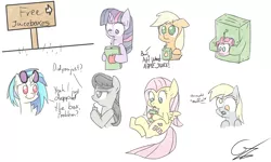 Size: 2500x1500 | Tagged: safe, artist:bloodwolvenl, derpibooru import, applejack, derpy hooves, fluttershy, octavia melody, pinkie pie, twilight sparkle, vinyl scratch, earth pony, pegasus, pony, unicorn, :t, confused, cute, derp, eating, fail, female, floppy ears, flying, frown, grimcute, hoof hold, juice, juice box, lidded eyes, mare, nom, open mouth, puppy dog eyes, raised eyebrow, role reversal, sad, simple background, smiling, wat, white background, wide eyes