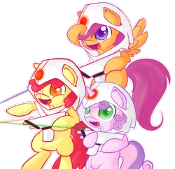 Size: 1300x1258 | Tagged: adorabloom, apple bloom, artist:portal-pie, clothes, costume, crossover, cute, cutealoo, cutie mark crusaders, derpibooru import, diasweetes, portal, portal (valve), safe, scootaloo, simple background, sweetie belle, transparent background, turret