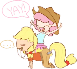 Size: 900x802 | Tagged: all fours, applejack, artist:portal-pie, chibi, clothes, cute, derpibooru import, human, humanized, humans doing horse things, humans riding humans, pinkie pie, pony play, reins, riding, safe, skirt