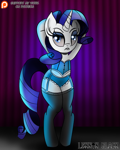 Size: 800x1000 | Tagged: suggestive, artist:lennonblack, derpibooru import, rarity, pony, arm behind head, bipedal, blue underwear, clothes, corset, female, frilly underwear, garter belt, lingerie, lip bite, panties, patreon, patreon logo, solo, solo female, stockings, underwear