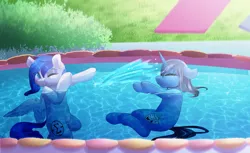 Size: 1280x782 | Tagged: safe, artist:smallandnaughty, derpibooru import, oc, oc:sapphire sights, oc:silver lining, unofficial characters only, pegasus, pony, unicorn, cute, swimming pool, water