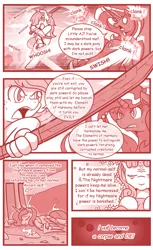 Size: 800x1306 | Tagged: artist:vavacung, comic, comic:chaos future, derpibooru import, monochrome, nightmare rarity, oc, oc:little aj, offspring, parent:applejack, parents:canon x oc, parent:unnamed oc, princess luna, safe, wooden sword