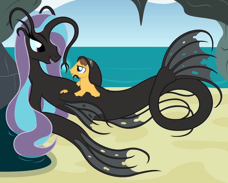 Size: 3996x3214 | Tagged: questionable, artist:badumsquish, derpibooru import, caramel, oc, oc:hadal, angler fish, monster pony, original species, pony, sea pony, absorption, angler seapony, beach, bedroom eyes, cave, eye contact, eyes on the prize, fangs, female, fetish, giant pony, glowing eyes, hoof on head, lure, macro, mind control, nightmare fuel, open mouth, size difference, smiling, vore
