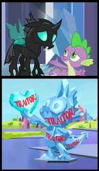 Size: 784x1353 | Tagged: bad end, batman v superman: dawn of justice, changeling, derpibooru import, edit, edited screencap, safe, screencap, screencap comic, spike, statue, the times they are a changeling, thorax, traitor, vandalism