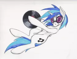 Size: 2218x1701 | Tagged: safe, artist:scribblepwn3, derpibooru import, vinyl scratch, pony, unicorn, cutie mark, female, hooves, horn, lying down, mare, pen drawing, record, simple background, solo, sunglasses, traditional art, watercolor painting, white background