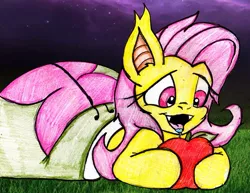 Size: 1000x771 | Tagged: safe, artist:mhedgehog21, derpibooru import, fluttershy, bat pony, pony, apple, drool, flutterbat, food, night, open mouth, prone, race swap, sleeping bag, solo, traditional art