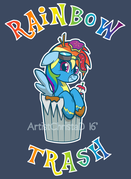 Size: 750x1023 | Tagged: artist:christadoodles, clothes, derpibooru import, dirty, floppy ears, leaning, looking at you, rainbow dash, rainbow trash, safe, scrunchy face, solo, trash, trash can, watermark, wonderbolts uniform