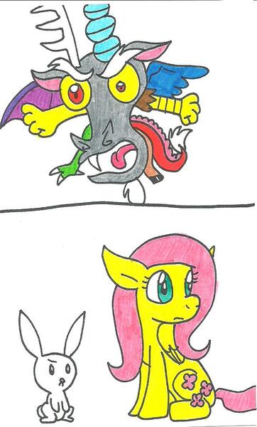 Size: 645x1069 | Tagged: safe, artist:cmara, derpibooru import, angel bunny, discord, fluttershy, traditional art