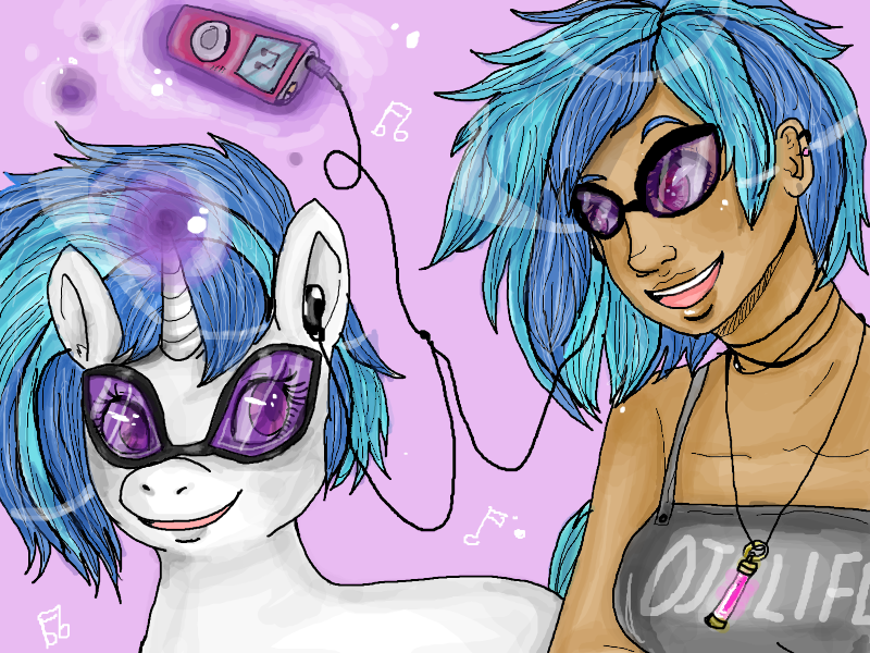 Size: 800x600 | Tagged: safe, artist:superlucky13, derpibooru import, vinyl scratch, human, pony, unicorn, duo, earbuds, glowstick, human ponidox, humanized, ipod, mp3 player, self ponidox, smiling, solo