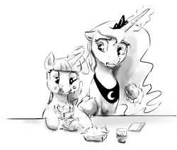 Size: 1280x1084 | Tagged: safe, artist:silfoe, derpibooru import, princess luna, twilight sparkle, twilight sparkle (alicorn), alicorn, pony, other royal book, royal sketchbook, burger, eating, female, food, glowing horn, grayscale, hay burger, ketchup, magic, mare, monochrome, sauce, shipping, simple background, telekinesis, that pony sure does love burgers, twilight burgkle, twiluna, white background