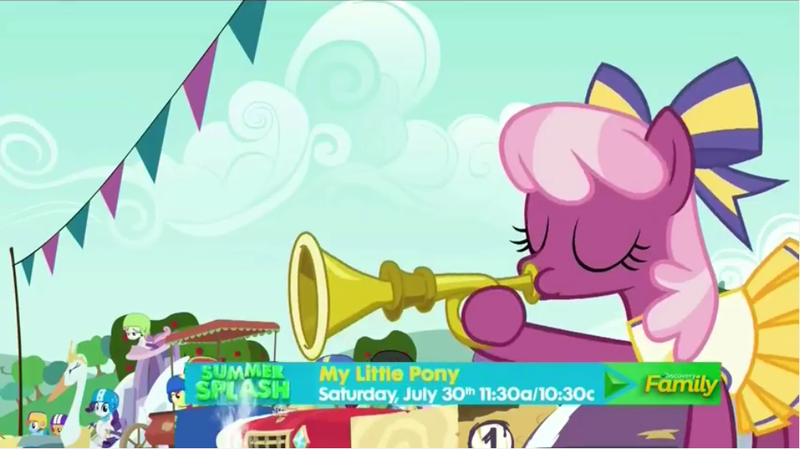 Size: 1012x568 | Tagged: safe, derpibooru import, screencap, apple bloom, applejack, cheerilee, crackle pop, rainbow dash, rarity, scootaloo, sweetie belle, pony, the cart before the ponies, blowing, bugle mistaken for a trumpet, cheerileeder, cheerleader, cutie mark crusaders, go kart, musical instrument, promo, puffy cheeks, swanlestia cart, trumpet, wacky races