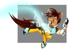 Size: 1024x721 | Tagged: artist:arcuswind, blaster, crossover, derpibooru import, electricity, hoof hold, open mouth, overwatch, ponified, safe, solo, tracer, visor, weapon