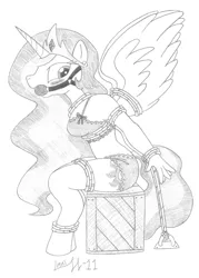 Size: 1013x1411 | Tagged: anthro, artist:limpurtikles, ballgag, blushing, bondage, box, boyshorts, bra, breasts, clothes, crop top bra, derpibooru import, frilly underwear, gag, grayscale, monochrome, panties, princess celestia, ribbon, rope, rope bondage, suggestive, tied up, underwear