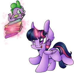 Size: 6961x6811 | Tagged: safe, artist:cutepencilcase, derpibooru import, spike, twilight sparkle, twilight sparkle (alicorn), alicorn, dragon, pony, absurd resolution, baby, baby dragon, book, cute, female, levitation, magic, male, mare, missing cutie mark, open mouth, simple background, spikabetes, telekinesis, transparent background