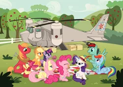 Size: 2100x1492 | Tagged: dead source, safe, artist:28gooddays, derpibooru import, apple bloom, applejack, big macintosh, fluttershy, pinkie pie, rainbow dash, rarity, twilight sparkle, oc, oc:ray blaze, earth pony, pony, apple orchard, eating, fanfic art, hat, helicopter, male, mane six, picnic, stallion