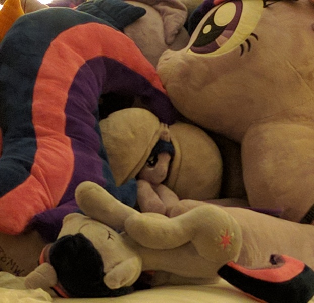 Size: 2918x2817 | Tagged: questionable, artist:equinepalette, artist:plushwaifus, artist:xsjado78, artist:zombies8mywaffle, derpibooru import, photographer:corpulentbrony, twilight sparkle, twilight sparkle (alicorn), alicorn, pony, bed, birthing, cave pony, hello world, high res, hilton, hotel room, irl, life size, multeity, photo, plot, plushie, pocket, pocket pony, self insert