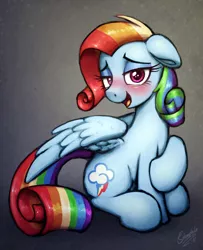 Size: 1594x1961 | Tagged: safe, artist:selenophile, derpibooru import, rainbow dash, pegasus, pony, alternate hairstyle, bedroom eyes, blushing, cute, female, looking at you, mare, open mouth, rainbow fash, raised hoof, rarity hair, sitting, solo, wings