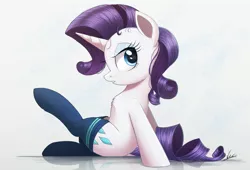 Size: 2207x1500 | Tagged: artist:ncmares, chest fluff, clothes, crossed legs, cute, derpibooru import, eyeshadow, female, looking at you, looking back, makeup, pinup, raribetes, rarity, safe, simple background, sitting, socks, solo, white background