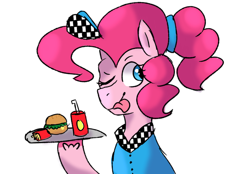 Size: 1280x960 | Tagged: safe, artist:universe-fairy, derpibooru import, pinkie pie, alternate hairstyle, burger, food, french fries, hilarious in hindsight, juice, one eye closed, platter, server pinkie pie, simple background, solo, tongue out, waitress, white background, wink