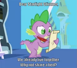 Size: 511x453 | Tagged: suggestive, derpibooru import, edit, edited screencap, editor:scrounge, screencap, spike, starlight glimmer, dragon, friendship is magic, caption, exploitable meme, female, image macro, implied foalcon, letter, male, meme, quill, shipping, sparlight, spike's love letters, straight, tongue out