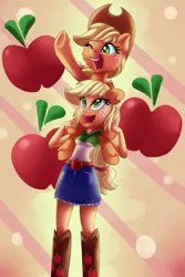 Size: 2000x3000 | Tagged: safe, artist:discorded, derpibooru import, applejack, equestria girls, boots, clothes, cowboy boots, cowboy hat, cute, denim skirt, hat, human ponidox, jackabetes, open mouth, paradox, piggyback ride, ponies riding humans, self ponidox, skirt, stetson